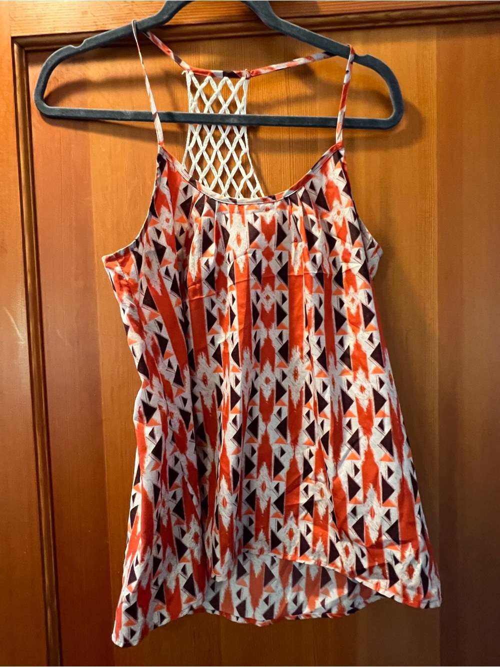 Collective Concepts Red & Cream Geometric Crochet-Back Camisole